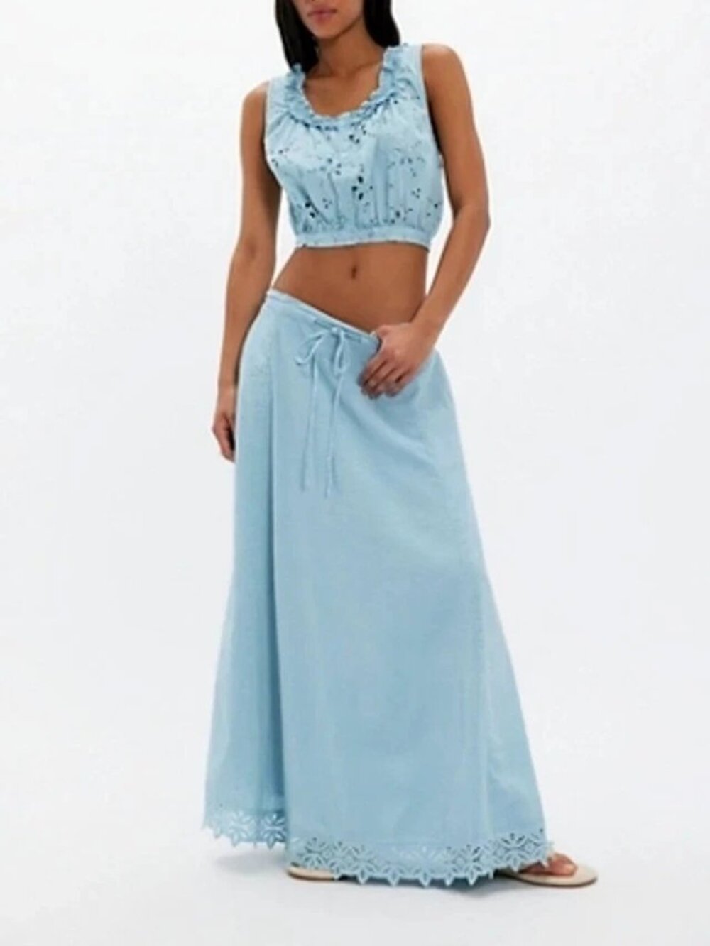 Free People Madelyn Cotton Maxi Skirt Ruffle Eyelet Lace Seersucker M 290442